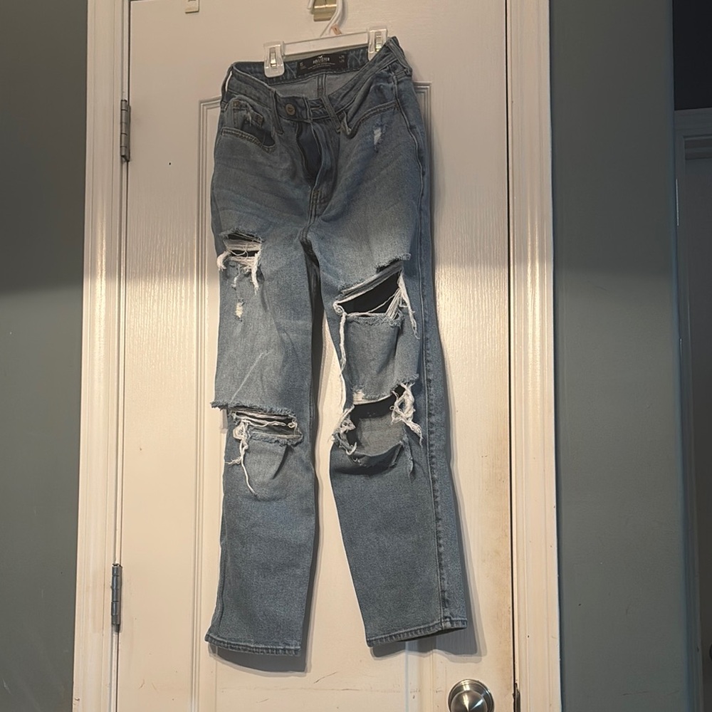 Hollister Women's Straight Leg Ripped Blue Jeans Used